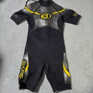 Bare‎ Mens Medium Shorty Wetsuit Black Yellow 2/2mm Powerstretch Spring Suit